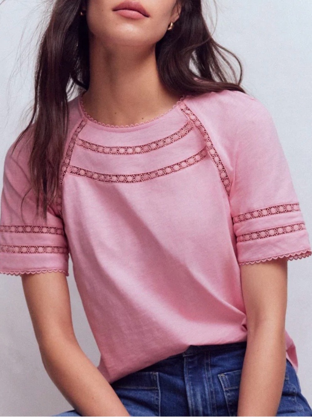 🆕- Boden- Light Pink 100% Cotton Top with Lace Trim Sleeves. Size: 14